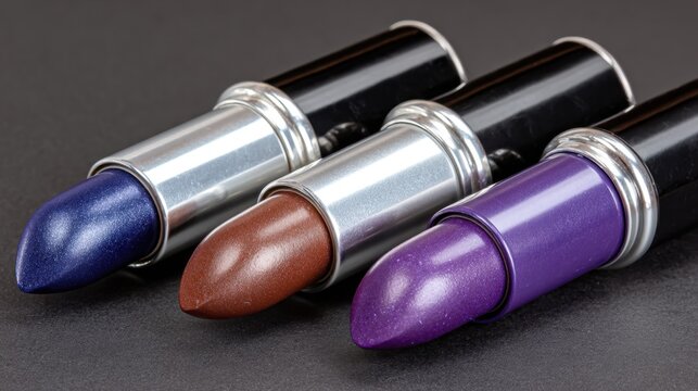 Triple lipstick display: blue, brown, and purple varieties on gray background