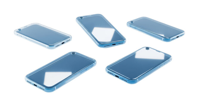 Five smartphones angled floating on a clean white surface simulating tech and modern communication suitable for digital marketing