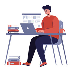 Man Studying Online with Computer and Books