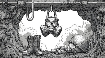 Wartime Trench Scene With Gas Masks And Military Equipment