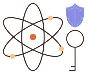 Atomic model with orbiting electrons, shield for security, and key symbolizing solutions. Ideal for science, technology, innovation, security, knowledge problem-solving and access. Simple flat