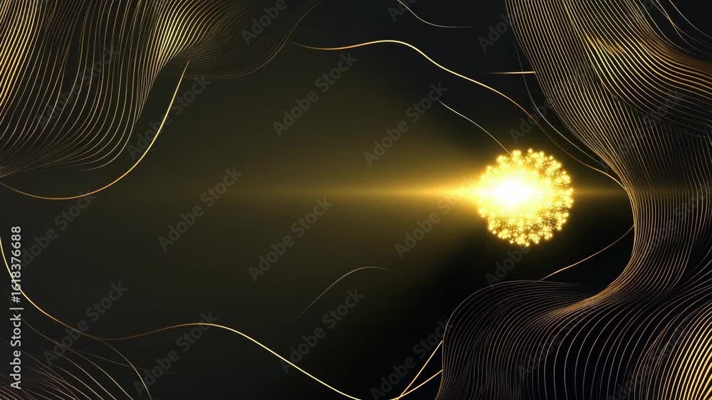 Poster dynamic abstract digital art with glowing yellow orbs and flowing wireframe lines