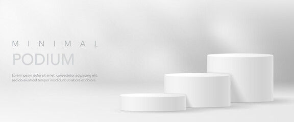 Realistic 3D white cylindrical steps podium background with round stand pedestal, Clean empty wall scene. Minimal mockup, cosmetic product promotion display banner, stage showcase.