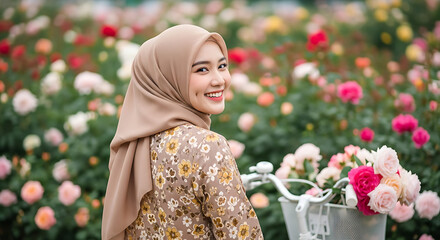 A smiling young woman in a hijab looks over her shoulder in a beautiful rose garden with a bicycle.