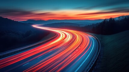 Naklejka premium Vivid light trails weave along a curving highway at dusk, glowing orange and red against the deep blue sky in a stunning long-exposure photograph