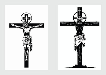 Crucified Jesus on Cross Religious Christian Vector Artwork in Black and White

