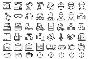 Various industrial, warehouse, and safety equipment icons in minimal thin line style on white background, representing logistics and automation