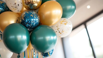 Colorful balloons with gold confetti create a festive atmosphere at celebration event