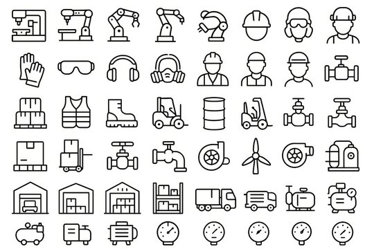Various industrial, warehouse, and safety equipment icons in minimal thin line style on white background, representing logistics and automation