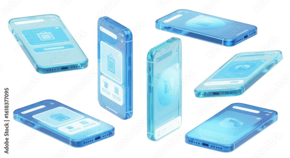 Aufkleber transparent phone models displaying interface icons floating in mid-air against a white background f