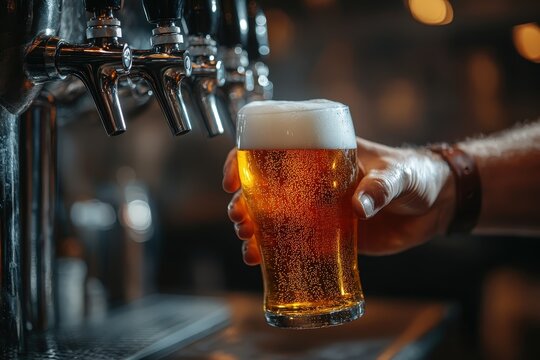 A fresh pint of golden beer with a foamy head is held up at a bar, ready to be served, surrounded by metal taps and a lively pub atmosphere
