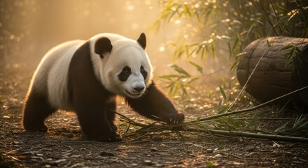 Panda among bamboo illuminated by sunlight paws on shoots in earthytoned habitat