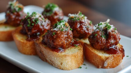 Savory meatball appetizers on toasted baguette slices with garnish