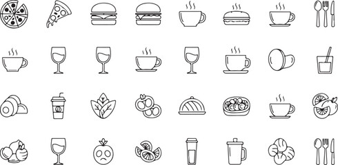 Collection of hand drawn food and drink icons isolated on transparent background