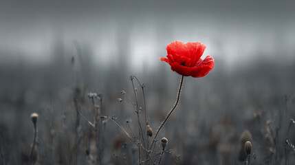 Vibrant Red Poppy Flower Standing Alone In Black And White Field