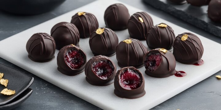 National Cherry Dessert Day Elegant dark chocolate truffles with rich berry filling and gold leaf accents