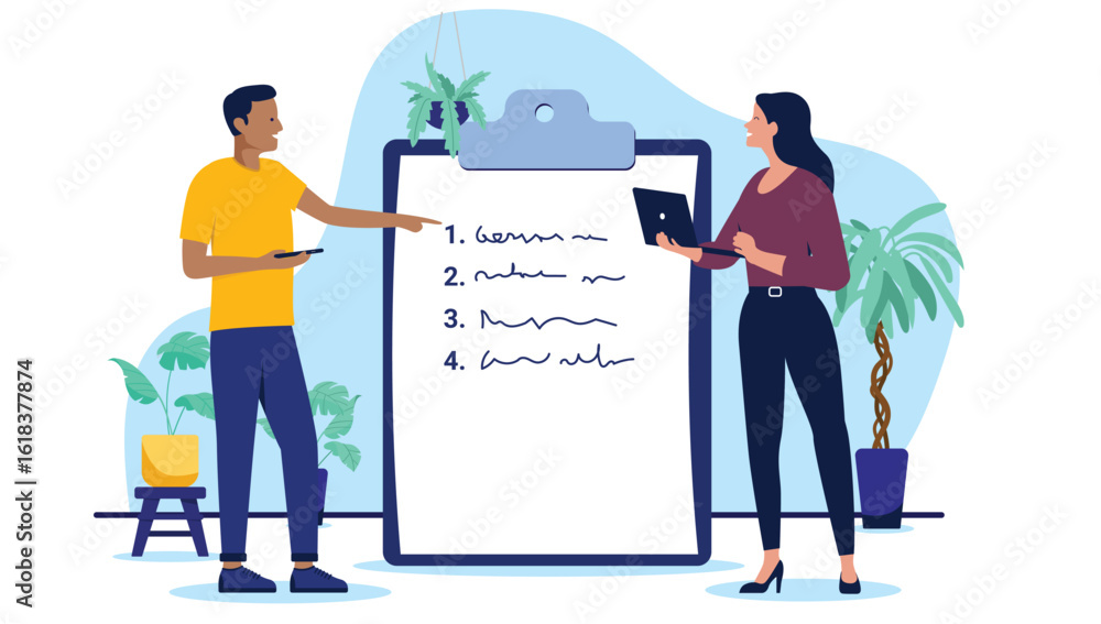 Poster two business people checking off a to-do list or survey on a giant clipboard, discussing tasks and p