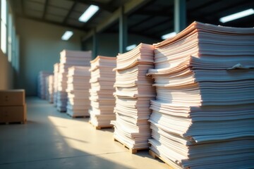 Obraz premium Large bundles of recycled paper await processing in bright sunlight, clean, yard