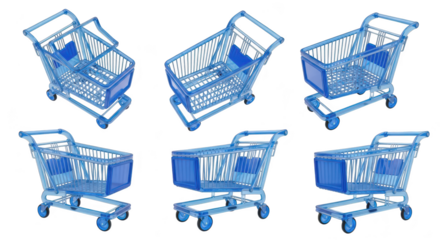 Collection of transparent blue shopping carts isolated on white background used for retail sales and commerce concepts