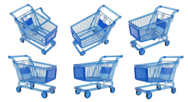 Collection of transparent blue shopping carts isolated on white background used for retail sales and commerce concepts