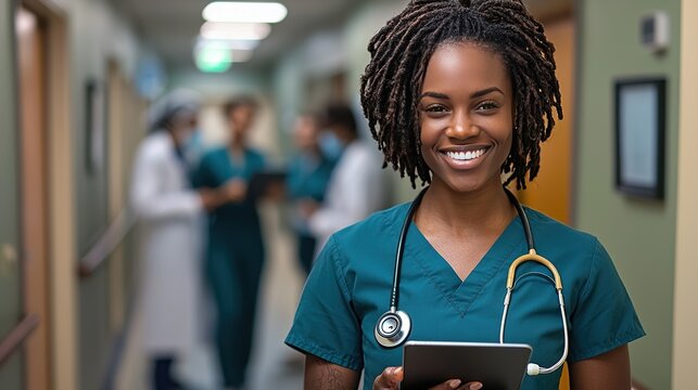 Smiling Nurse Holding Digital Tablet in Hospital Hallway, Doctor Team Background, Professional Color Grading Sharp Focus
