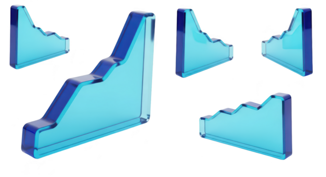 Transparent glass charts rise/fall on white reflecting surface indicating success decline or other data changes; ideal for business/finance visuals