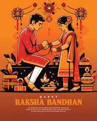 Traditional Raksha Bandhan Illustration – Brother and Sister Celebrating Rakhi with Love and Festive Elements