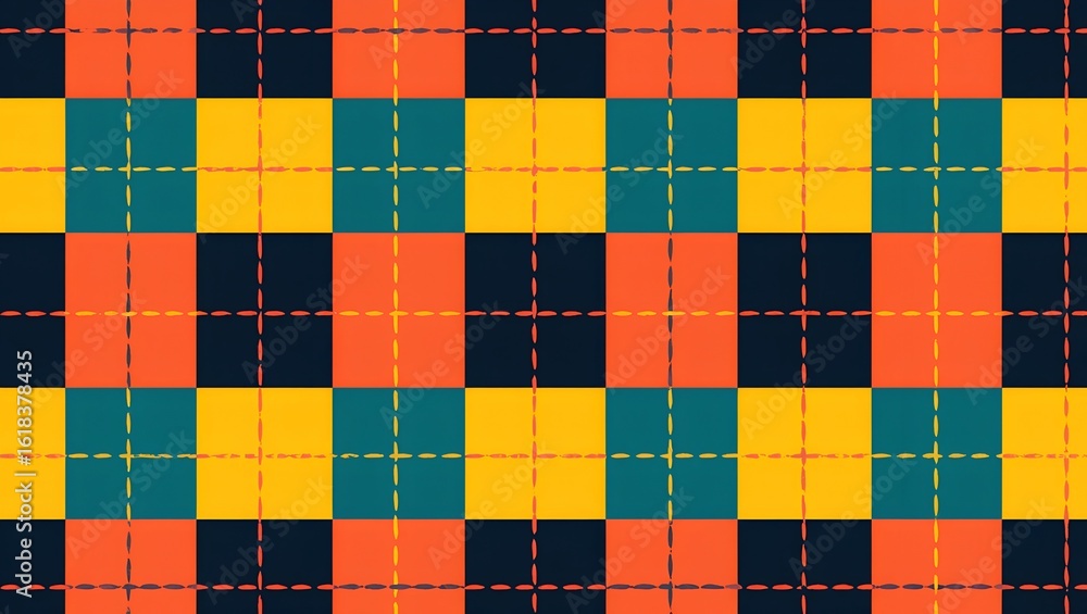 Poster vibrant geometric pattern featuring alternating teal, orange, yellow, and dark blue squares intersec