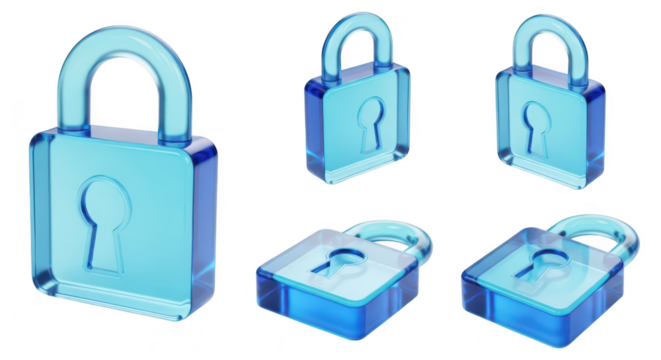 Transparent blue padlock icons rendered in different perspectives representing security and data protection against a clean white backdrop for digital security concepts