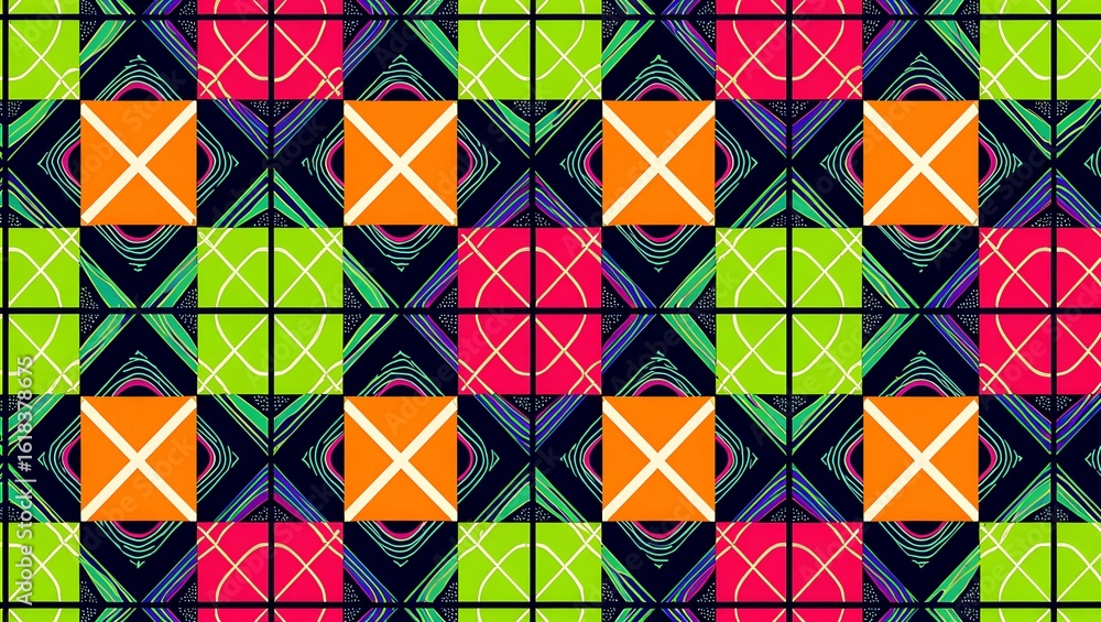 Poster colorful geometric pattern featuring vibrant squares and crosses, creating a visually engaging and d