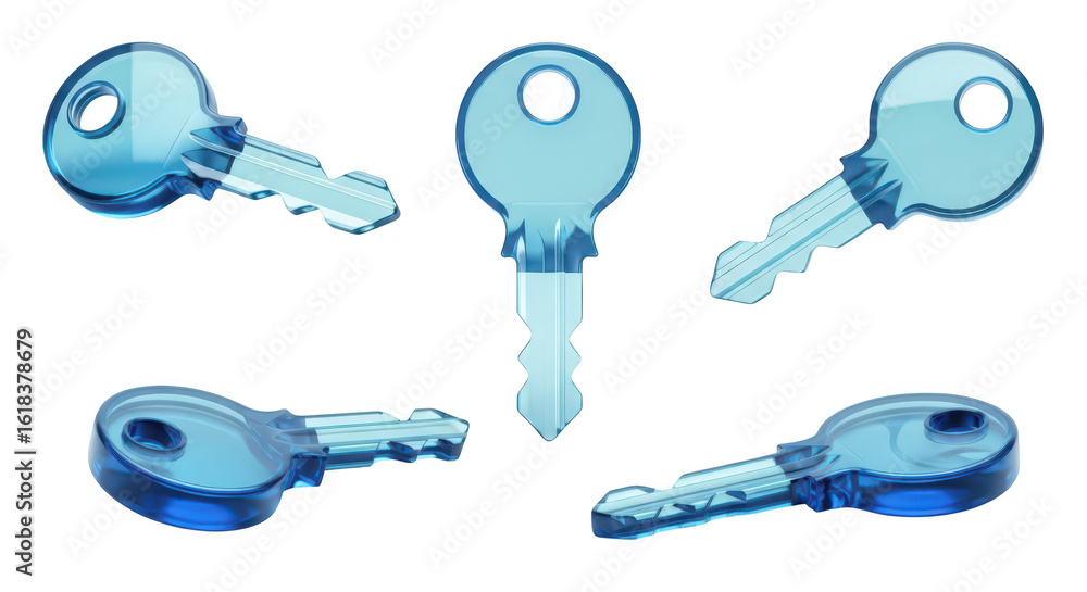 Poster transparent blue keys arranged in different positions floating against a clean white background symb