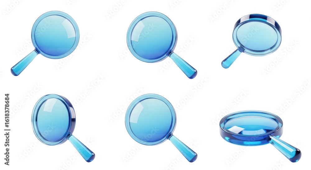 Poster blue magnifying glass set in different orientations highlighting a concept against a plain white bac
