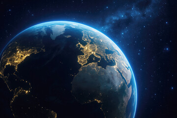Obraz premium Earth illuminated at night with city lights visible across Europe and Africa showcasing the beauty of our planet from space