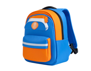 Photo of a children’s eraser shaped like blue and orange school backpack, ideal for the primary or elementary school use, isolated on a white background.