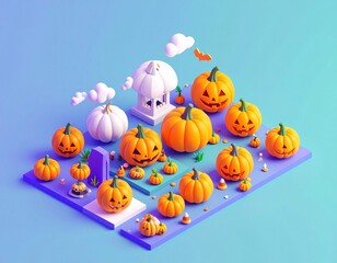 Isometric Halloween Illustration with Jack-o&rsquo;-Lanterns
