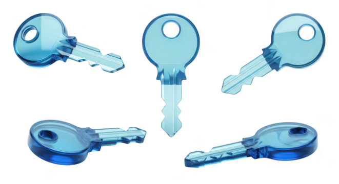 Transparent blue keys arranged in different positions floating against a clean white background symbolic for access or unlocking potential
