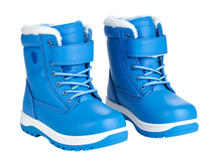 Pair of winter snow boots isolated on white. Child's blue shoes.Kid's footwear.