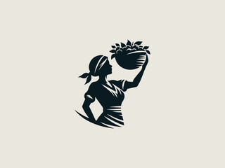 Cheerful woman farmer with fruit basket vector logo for organic farmers' markets
