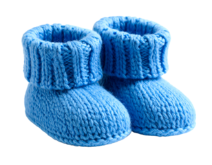 pair of blue knit children's bootees on a white background