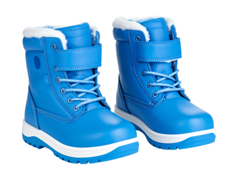 Pair of winter snow boots isolated on white. Child's blue shoes.Kid's footwear.