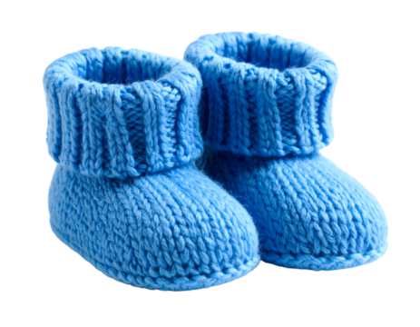pair of blue knit children's bootees on a white background