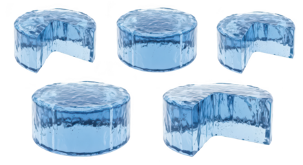 3D rendered sections of ice cylinders frozen and cut revealing inner structure isolated on white for educational or conceptual visual