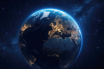 Fototapeta premium Earth illuminated at night showcasing city lights and natural landscapes from space during a clear cosmic perspective