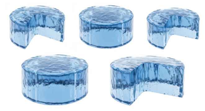 3D rendered sections of ice cylinders frozen and cut revealing inner structure isolated on white for educational or conceptual visual