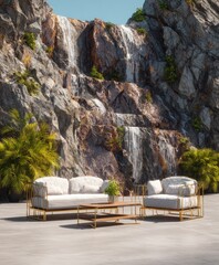 Outdoor furniture set by a waterfall