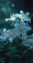 Ethereal white lilies illuminated by soft, glowing light amidst dark, lush foliage; a mystical, dreamlike scene