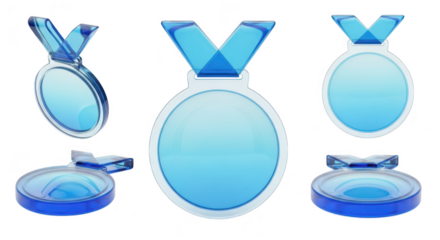 Transparent blue medals in different perspectives on a white background showcasing achievements awards or concepts
