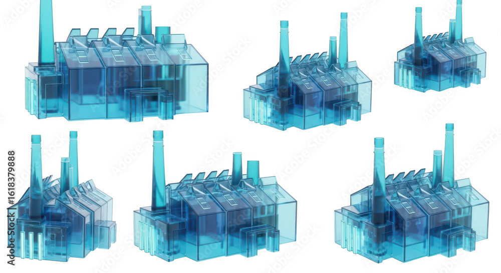 Aufkleber blue glass factory models in various sizes showcasing industrial structures and concepts on a white 
