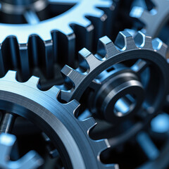 High quality close up of metallic gears showcasing intricate details and smooth surfaces, representing engineering and machinery