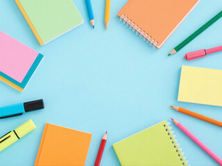 Colored different school supplies on soft blue paper background. Back to school background. Flat lay.